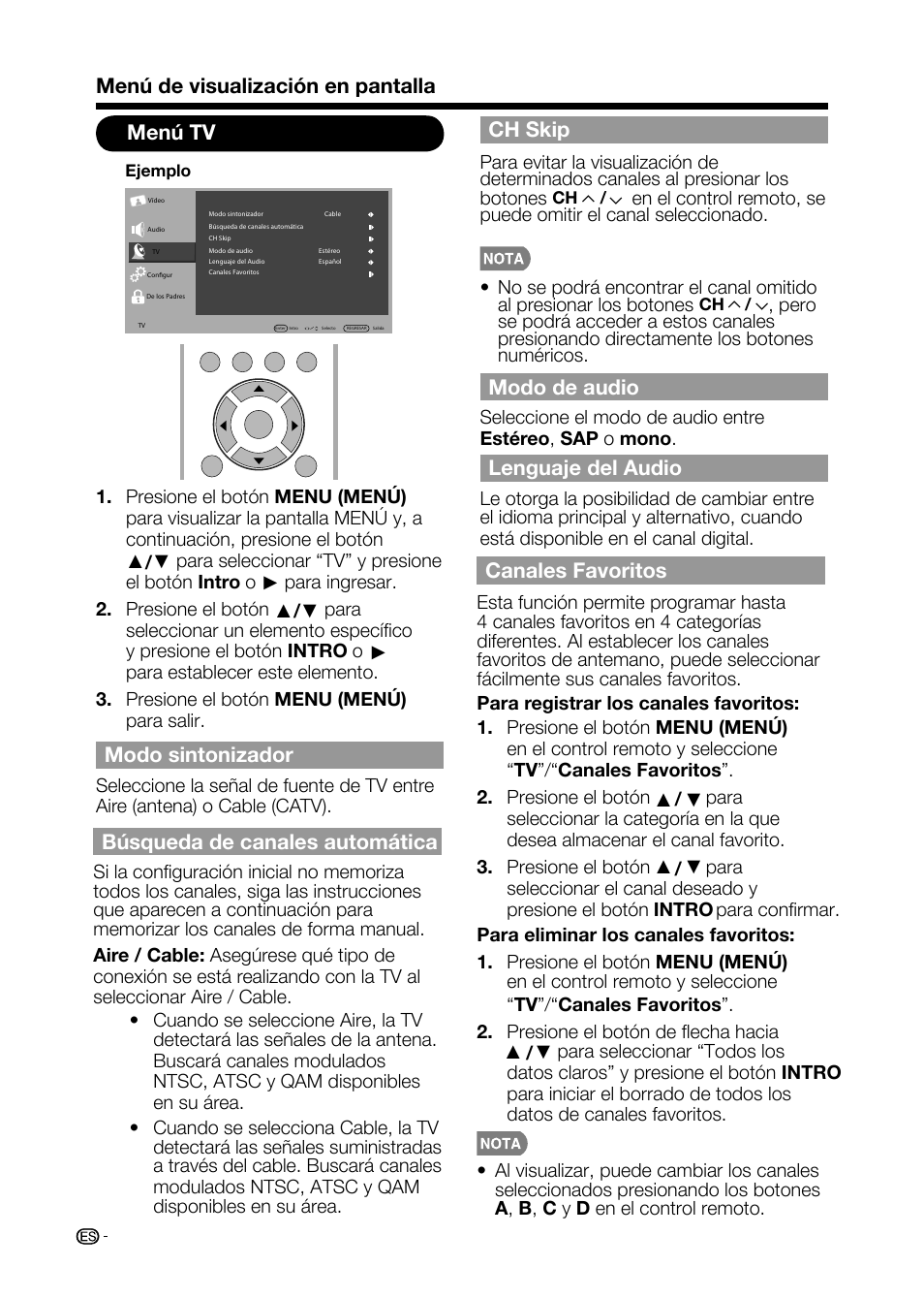 Menú de visualización en pantalla menú tv, Modo sintonizador, Búsqueda de canales automática | Ch skip, Modo de audio, Lenguaje del audio, Canales favoritos | Sharp AQUOS LC-32D59U User Manual | Page 136 / 157