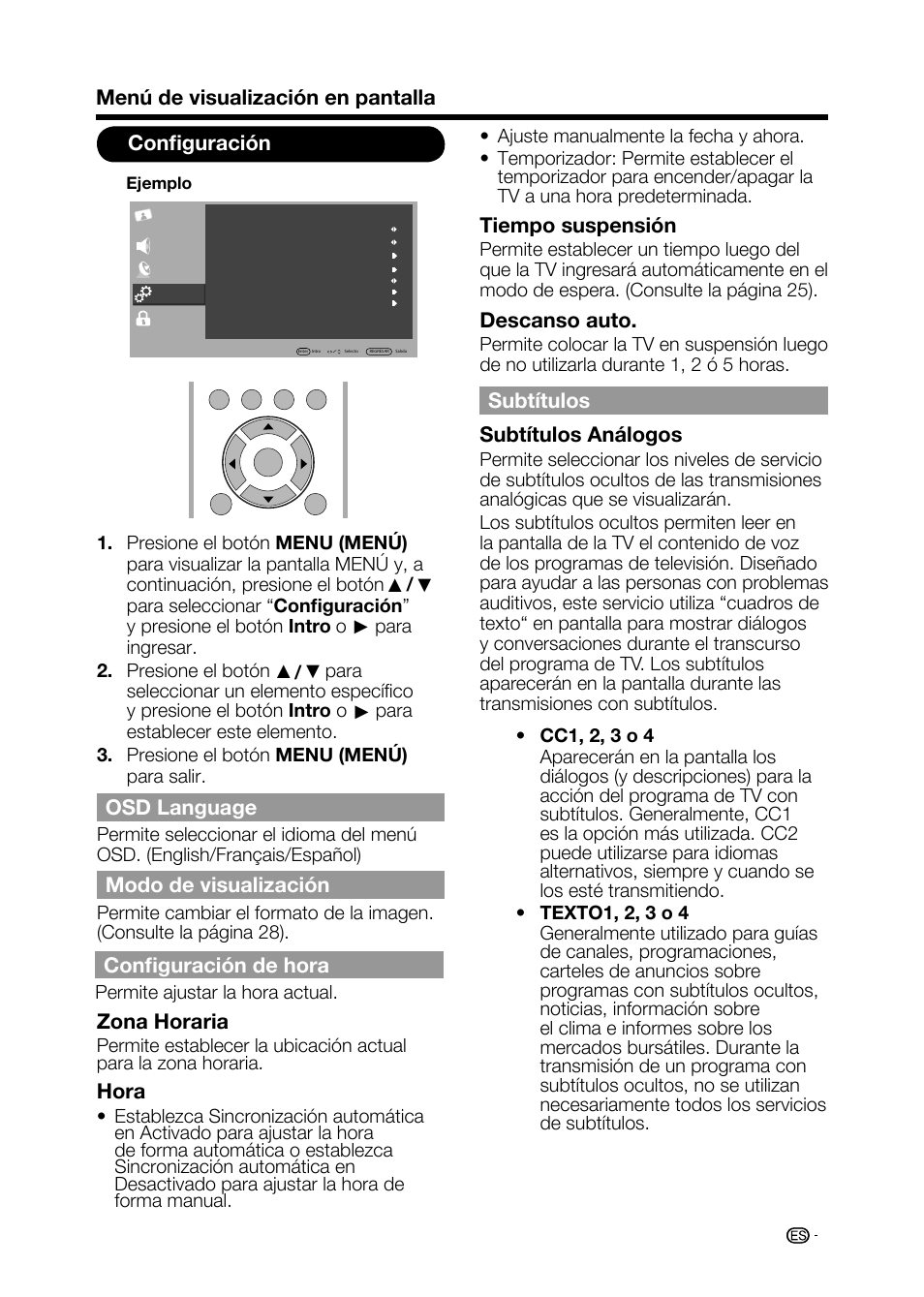 Menú de visualización en pantalla configuración, Osd language, Modo de visualización | Configuración de hora, Zona horaria, Hora, Tiempo suspensión, Descanso auto, Subtítulos subtítulos análogos | Sharp AQUOS LC-32D59U User Manual | Page 137 / 157