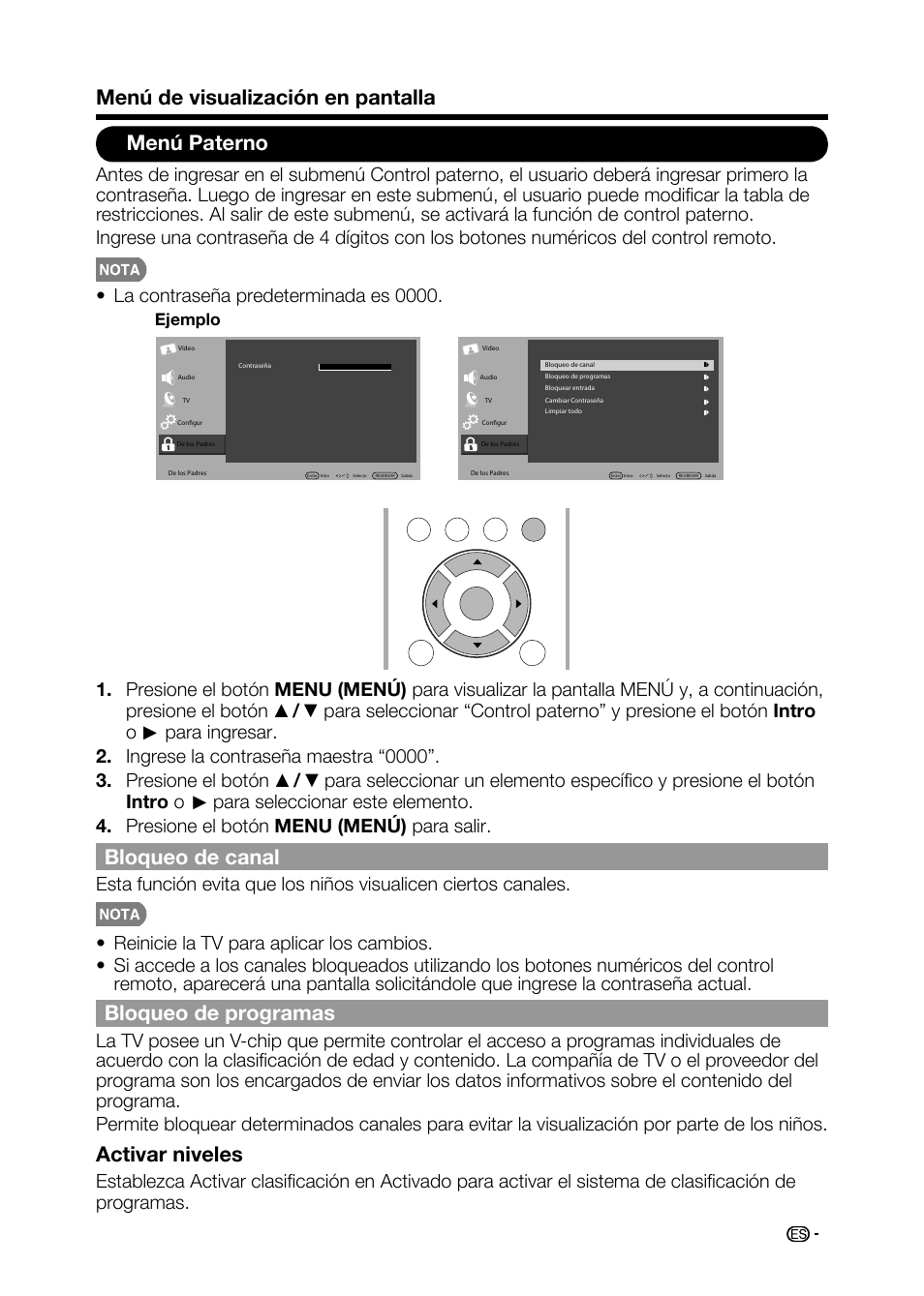 Menú de visualización en pantalla menú paterno, Bloqueo de canal, Bloqueo de programas | Activar niveles | Sharp AQUOS LC-32D59U User Manual | Page 139 / 157
