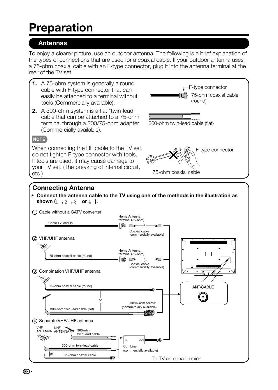Preparation, Antennas, Connecting antenna cable | Sharp AQUOS LC-32D59U User Manual | Page 14 / 157