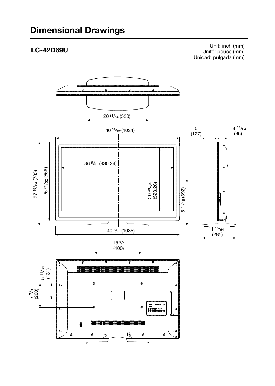Dimensional drawings, Lc-42d69u | Sharp AQUOS LC-32D59U User Manual | Page 155 / 157