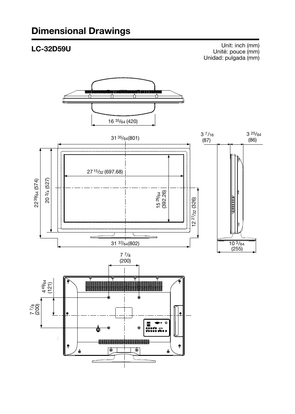 Dimensional drawings, Lc-32d59u | Sharp AQUOS LC-32D59U User Manual | Page 156 / 157