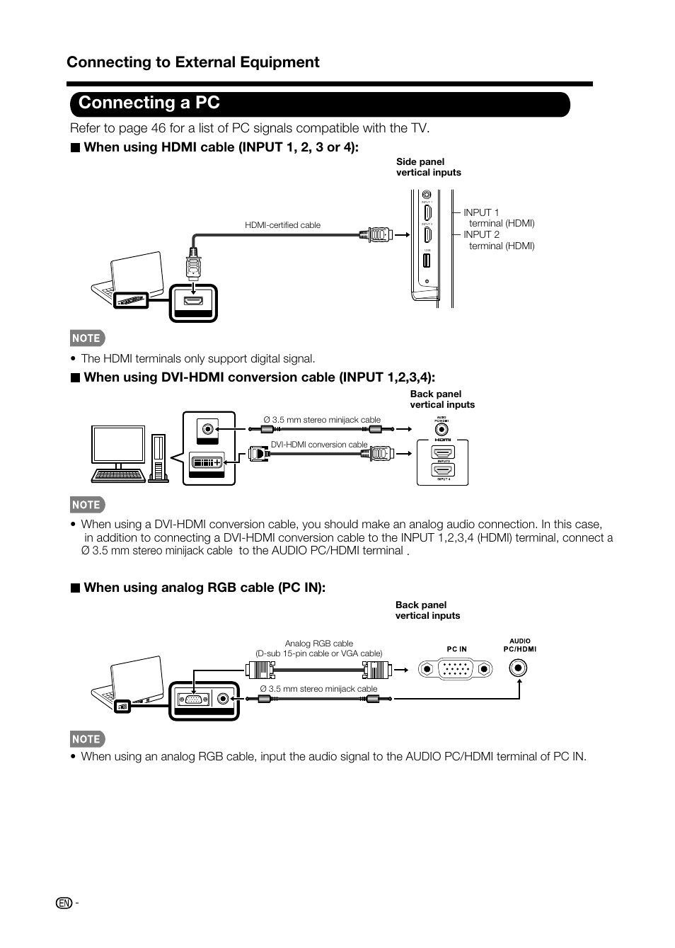 Connecting a pc, Connecting to external equipment, When using analog rgb cable (pc in) | Sharp AQUOS LC-32D59U User Manual | Page 24 / 157