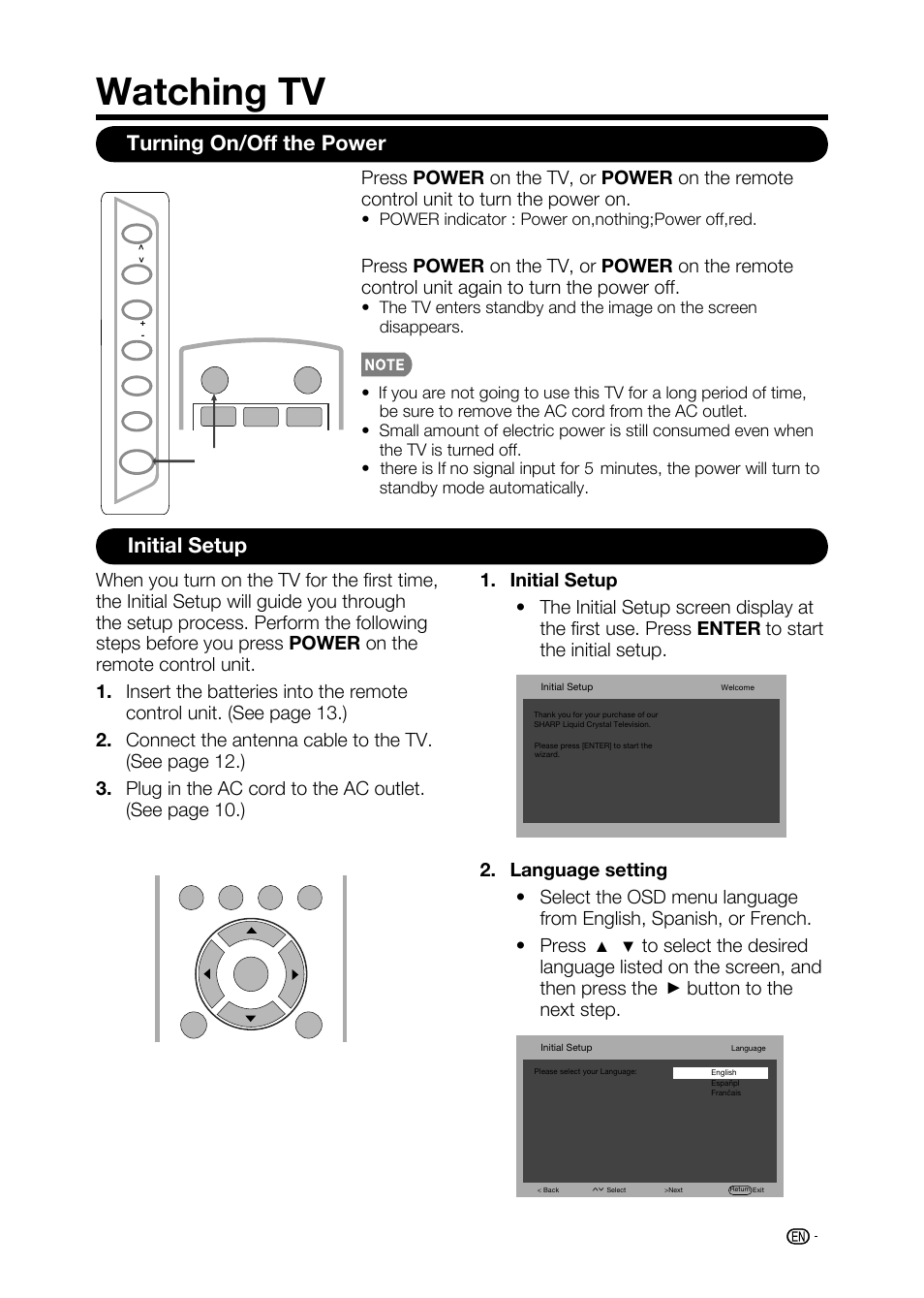 Watching tv, Turning on/off the power initial setup | Sharp AQUOS LC-32D59U User Manual | Page 25 / 157
