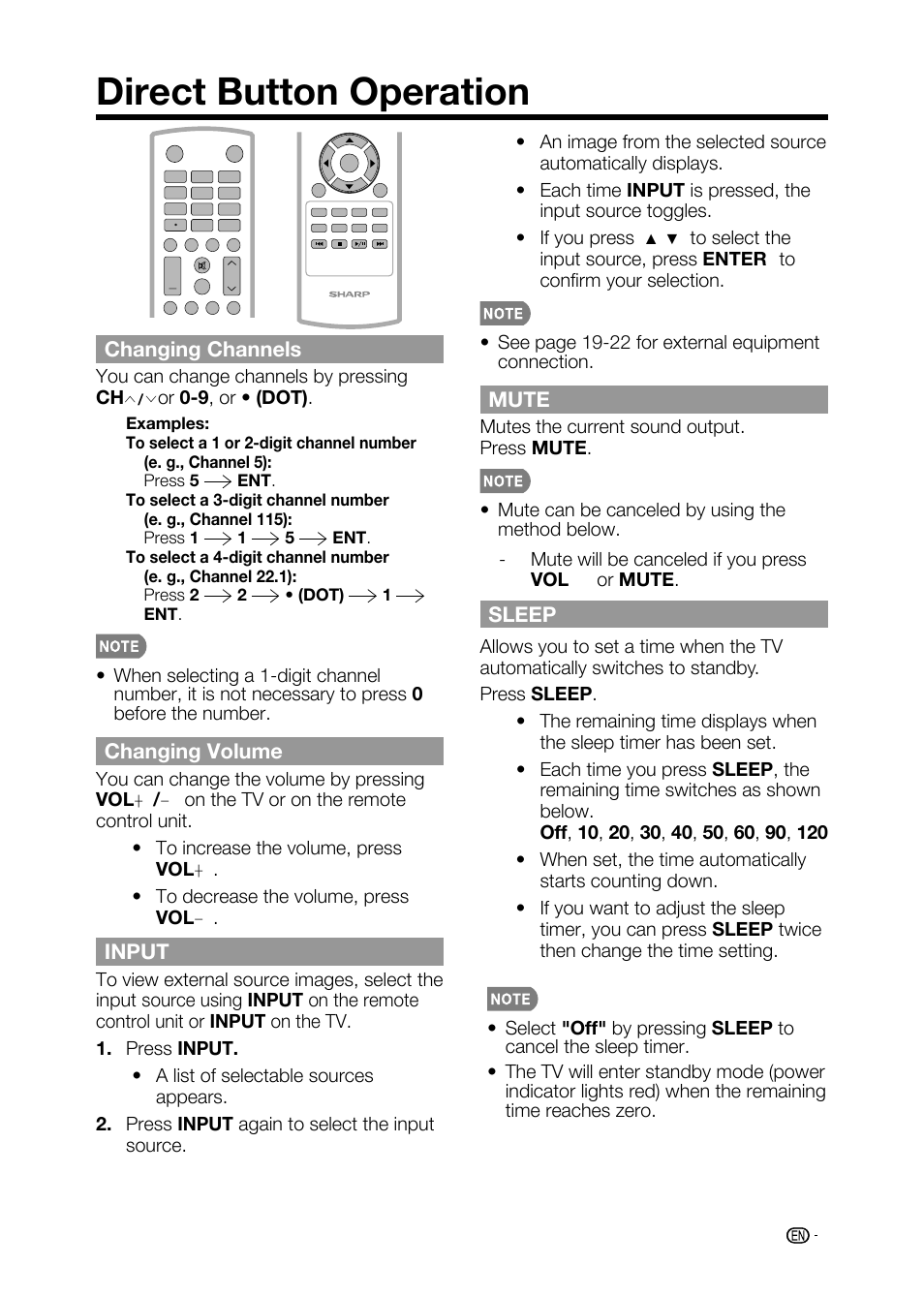 Direct button operation, Mute, Sleep | Changing channels, Changing volume, Input | Sharp AQUOS LC-32D59U User Manual | Page 27 / 157