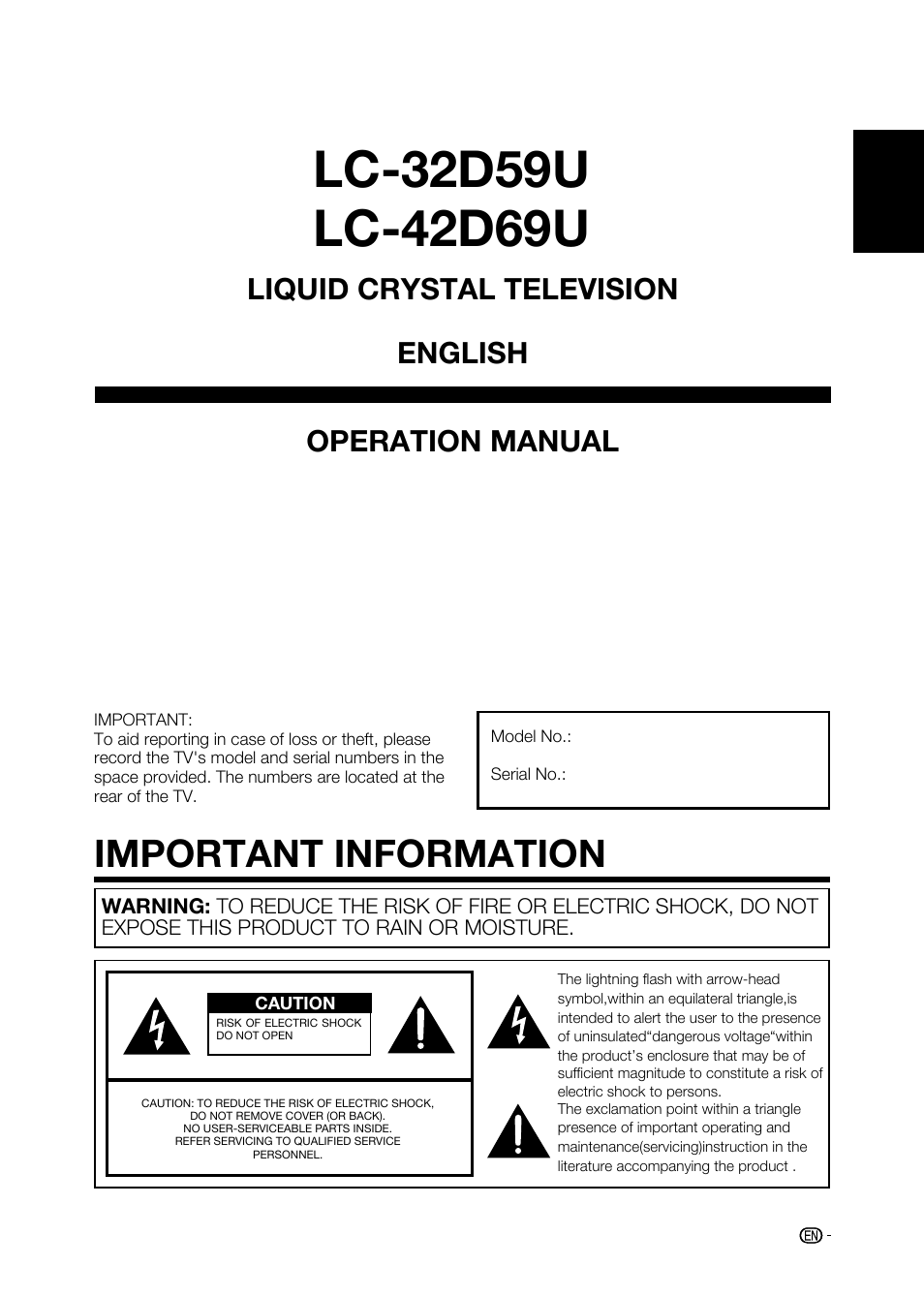 Important information, Operation manual, Liquid crystal television english | Sharp AQUOS LC-32D59U User Manual | Page 3 / 157