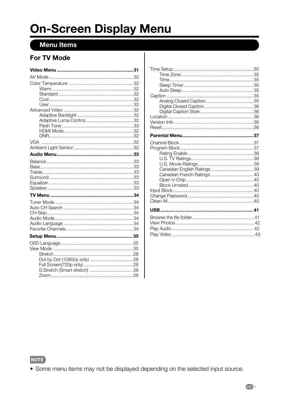 On-screen display menu, For tv mode, Menu items | Sharp AQUOS LC-32D59U User Manual | Page 31 / 157