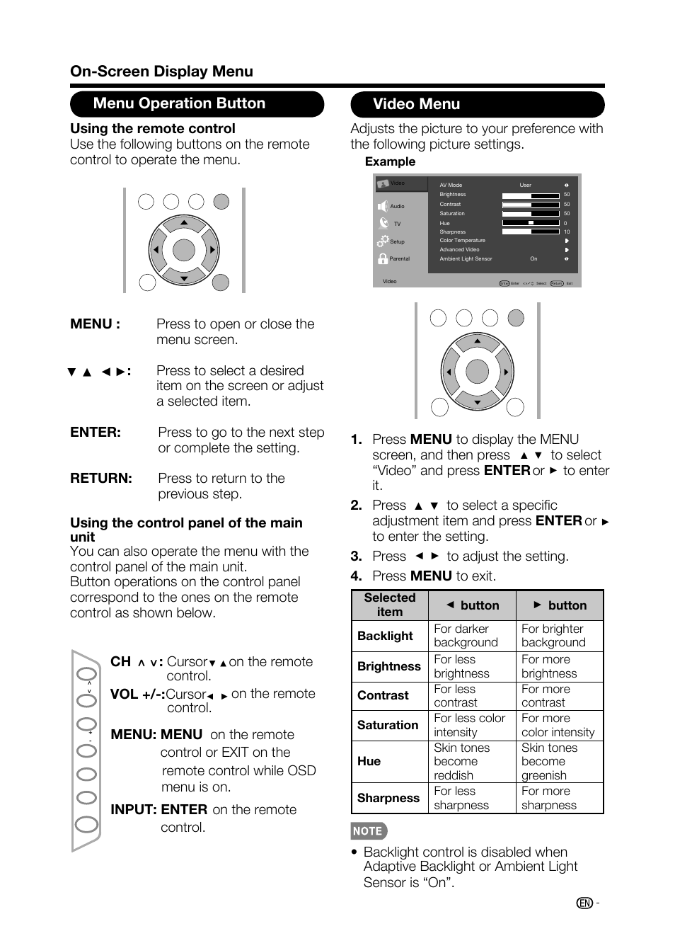 On-screen display menu, Menu operation button video menu, Control. menu is on. control | Sharp AQUOS LC-32D59U User Manual | Page 33 / 157