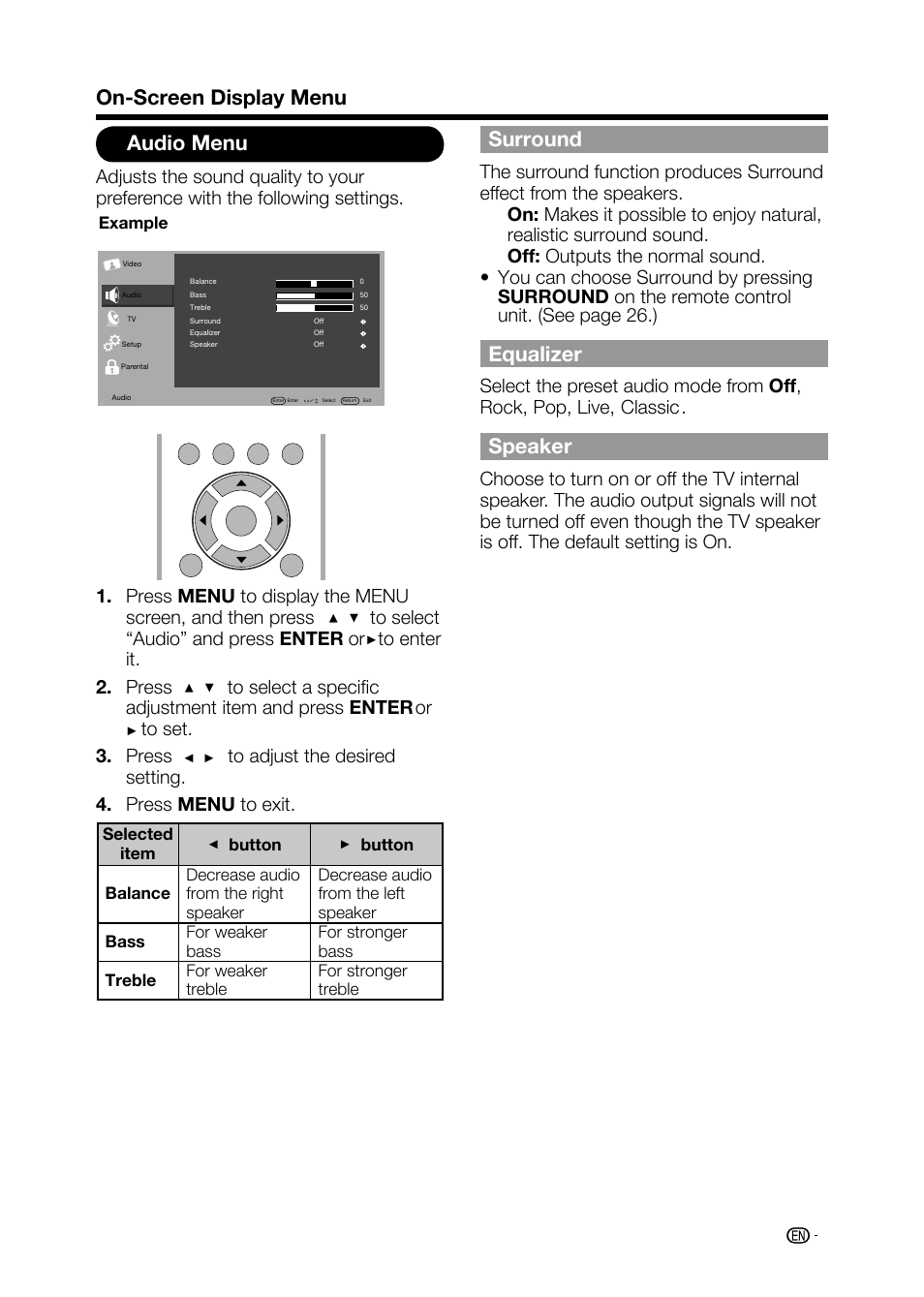 Audio menu, Surround, Equalizer | Speaker, On-screen display menu, Select the preset audio mode from off, 33 rock, pop, live, classic | Sharp AQUOS LC-32D59U User Manual | Page 35 / 157
