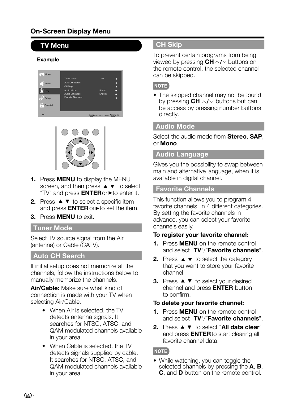 On-screen display menu tv menu, Tuner mode, Auto ch search | Ch skip, Audio mode, Audio language, Favorite channels | Sharp AQUOS LC-32D59U User Manual | Page 36 / 157