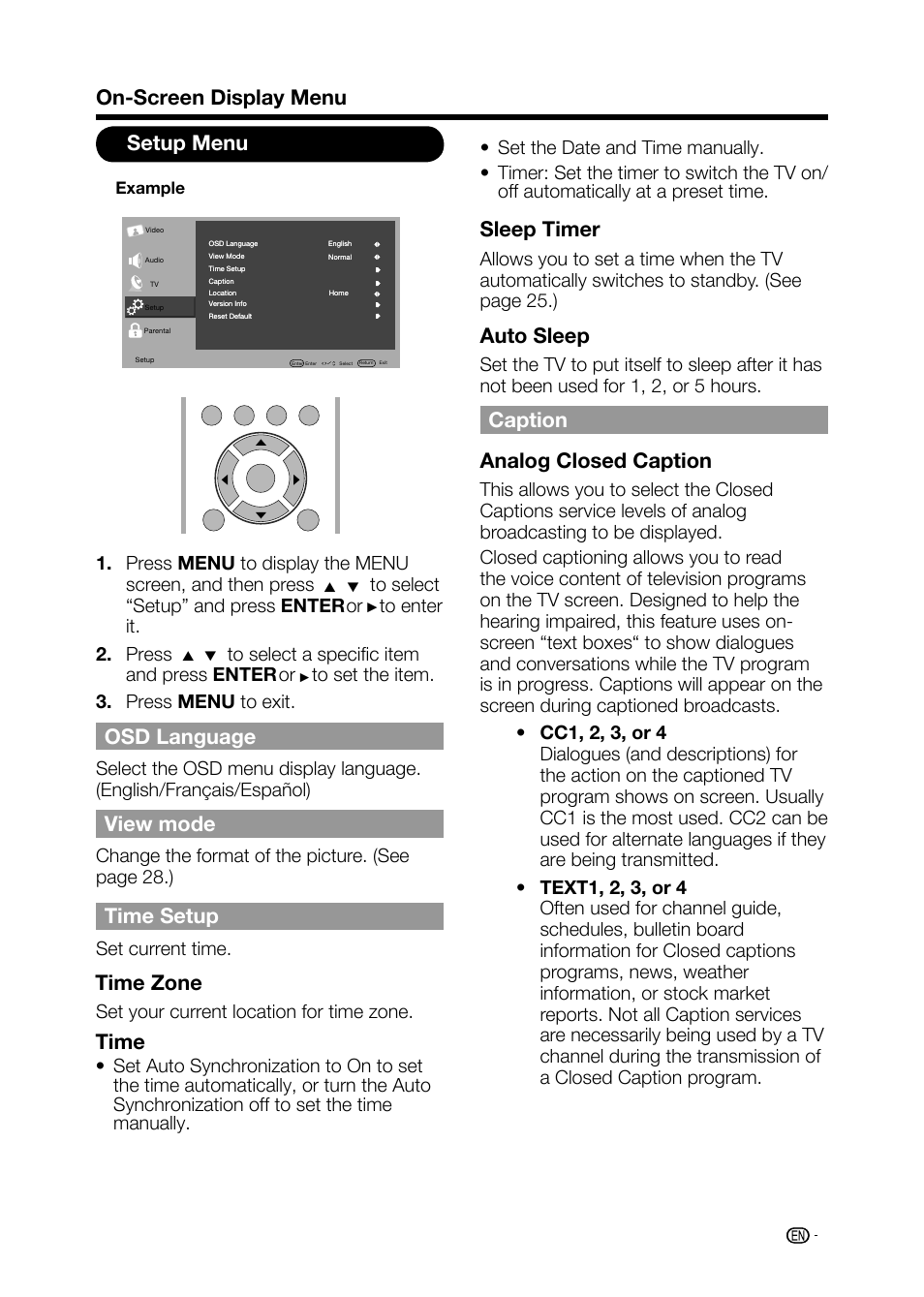 Setup menu, Osd language, View mode | Time setup, Time zone, On-screen display menu time, Sleep timer, Auto sleep, Caption analog closed caption, Change the format of the picture. (see page 28.) | Sharp AQUOS LC-32D59U User Manual | Page 37 / 157