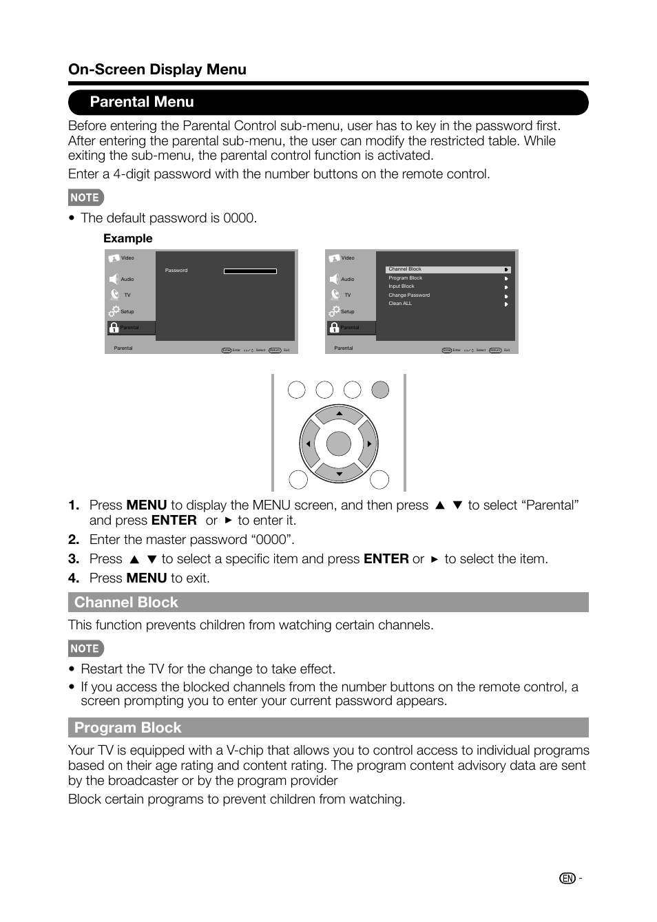 Parental menu, Channel block, Program block | On-screen display menu, Example | Sharp AQUOS LC-32D59U User Manual | Page 39 / 157