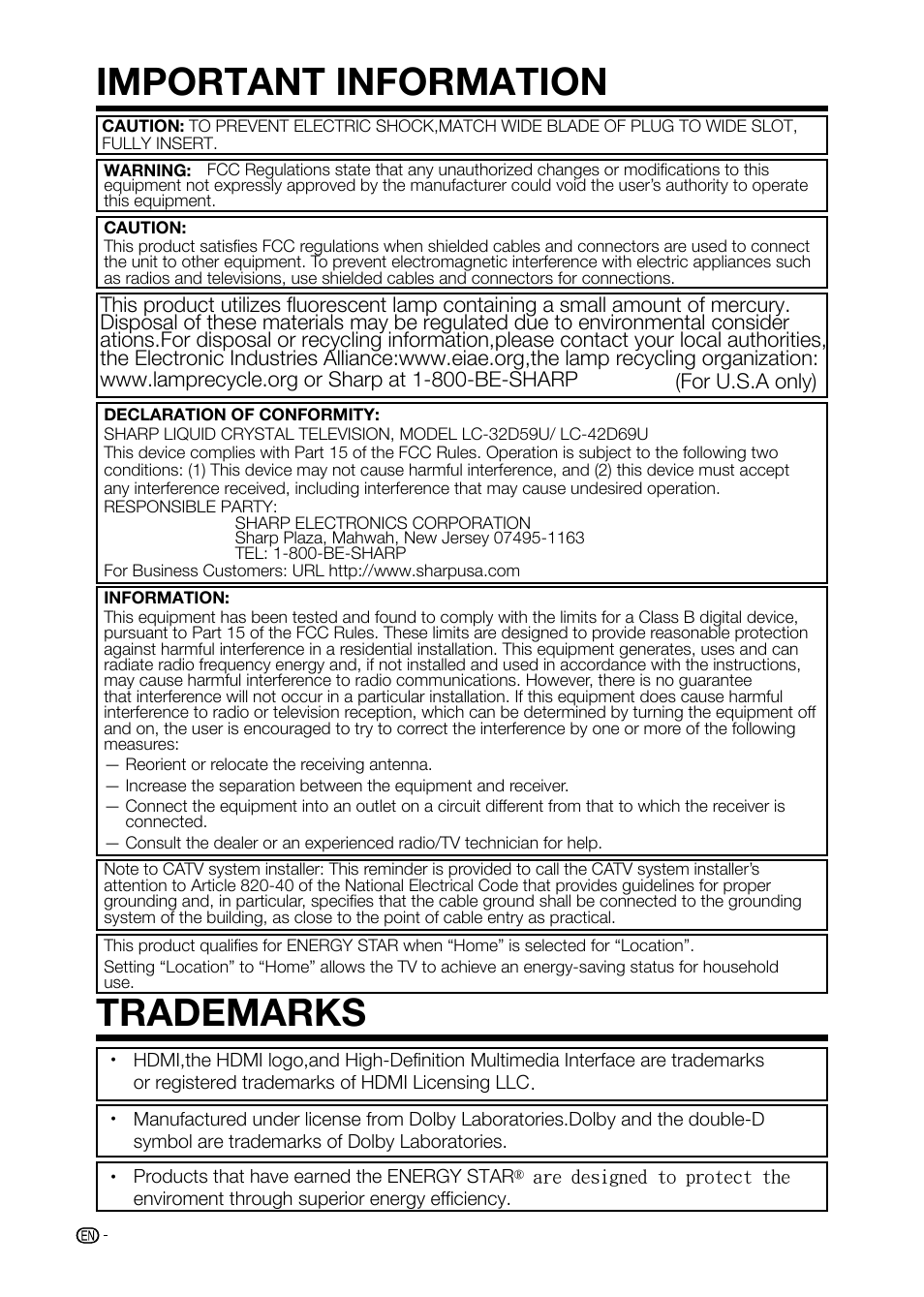 Important information trademarks | Sharp AQUOS LC-32D59U User Manual | Page 4 / 157