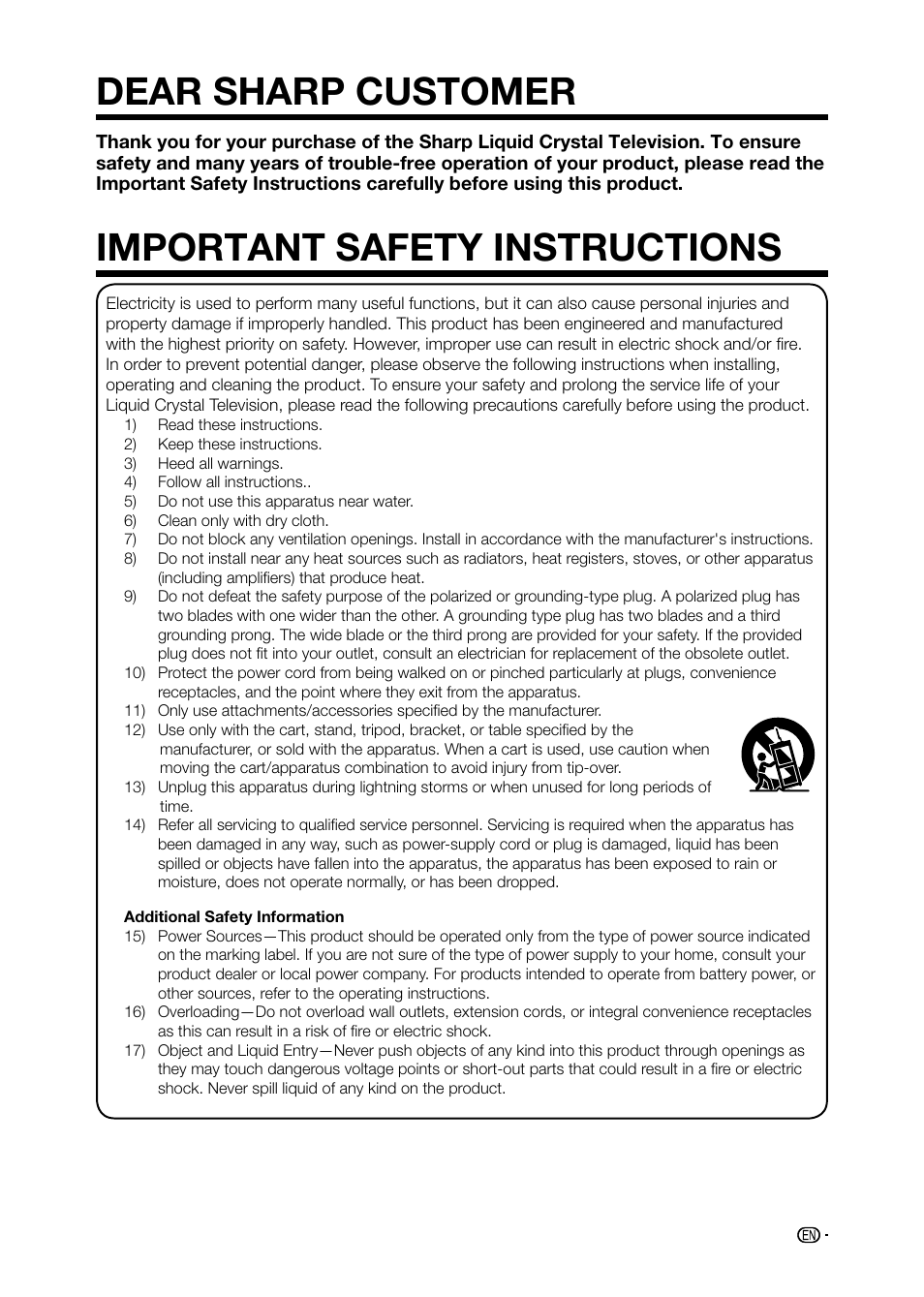Dear sharp customer important safety instructions | Sharp AQUOS LC-32D59U User Manual | Page 5 / 157