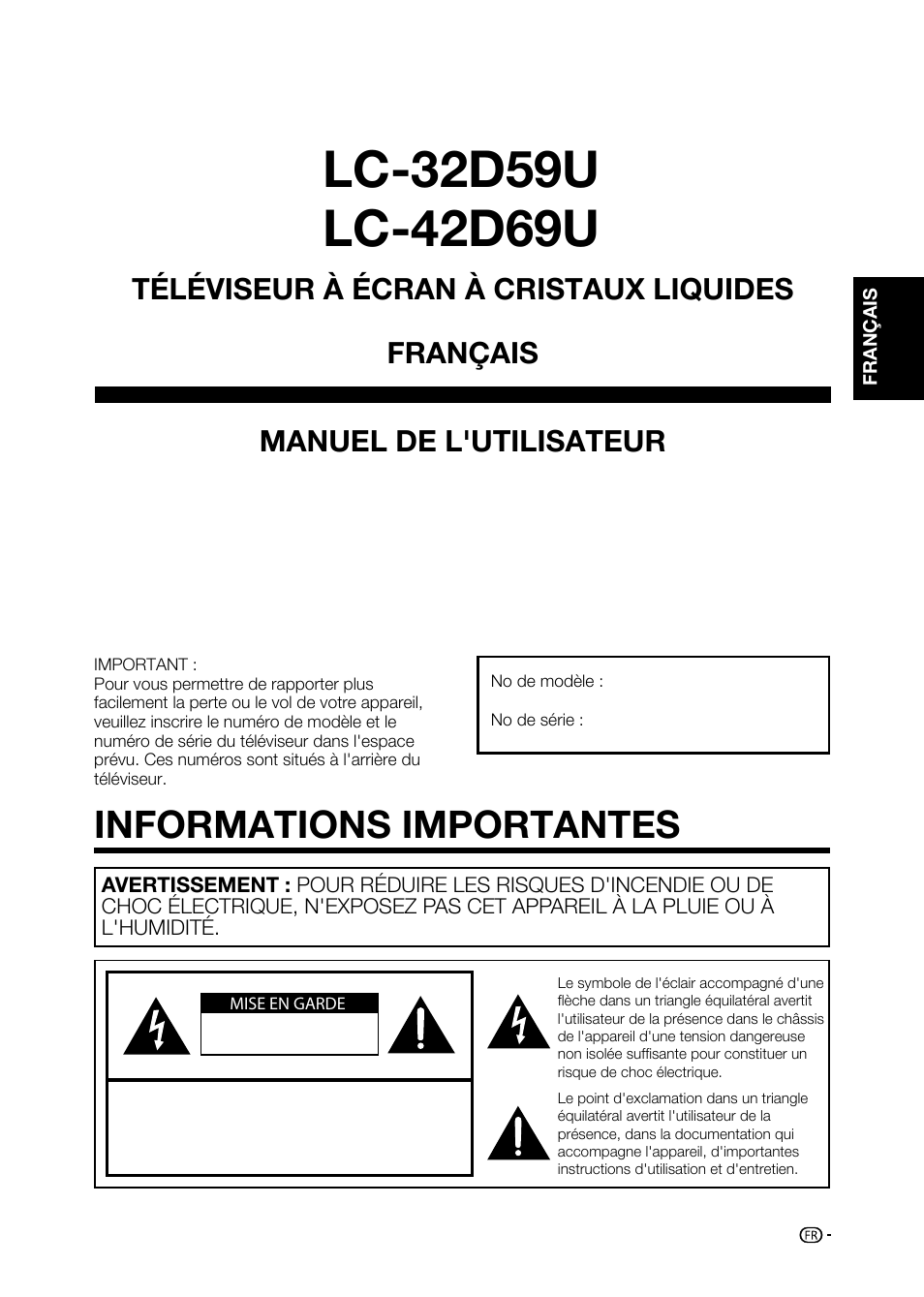 Informations importantes, Manuel de l'utilisateur, Téléviseur à écran à cristaux liquides français | Sharp AQUOS LC-32D59U User Manual | Page 53 / 157