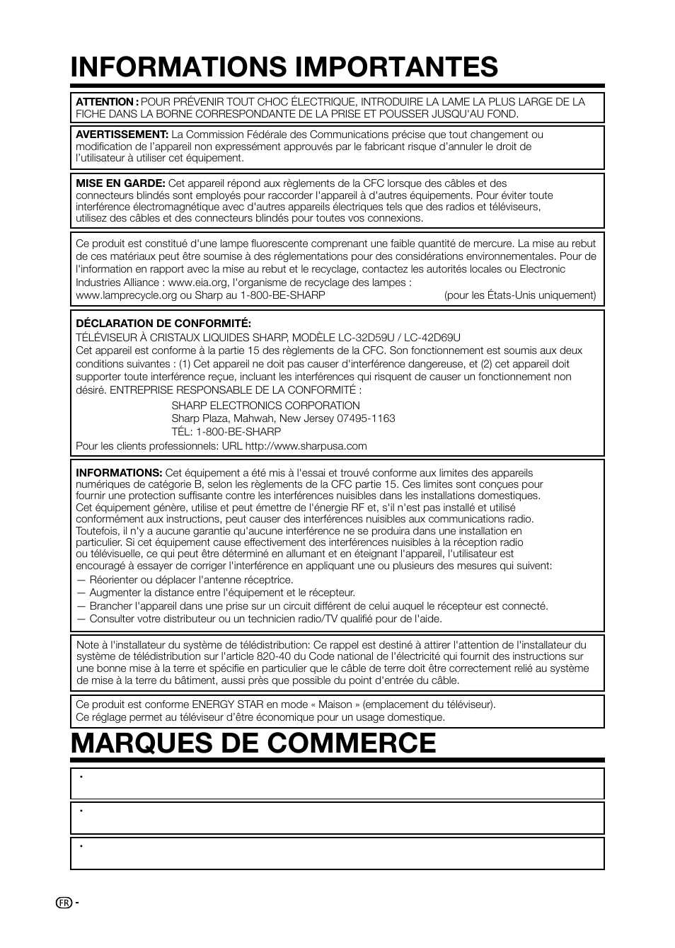 Marques de commerce informations importantes | Sharp AQUOS LC-32D59U User Manual | Page 54 / 157