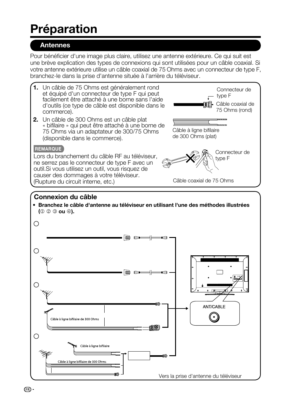 Préparation, Antennes, Connexion du câble d'antenne | Sharp AQUOS LC-32D59U User Manual | Page 64 / 157