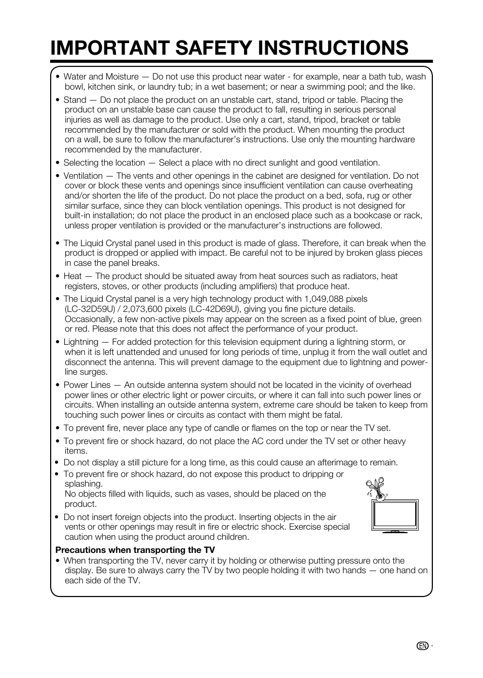 Important safety instructions | Sharp AQUOS LC-32D59U User Manual | Page 7 / 157