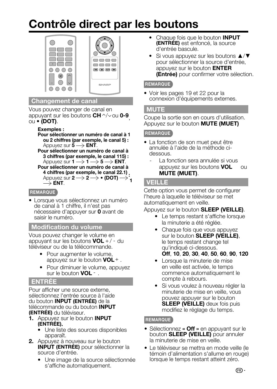 Contrôle direct par les boutons, Mute, Veille | Changement de canal, Modification du volume, Entrée | Sharp AQUOS LC-32D59U User Manual | Page 77 / 157