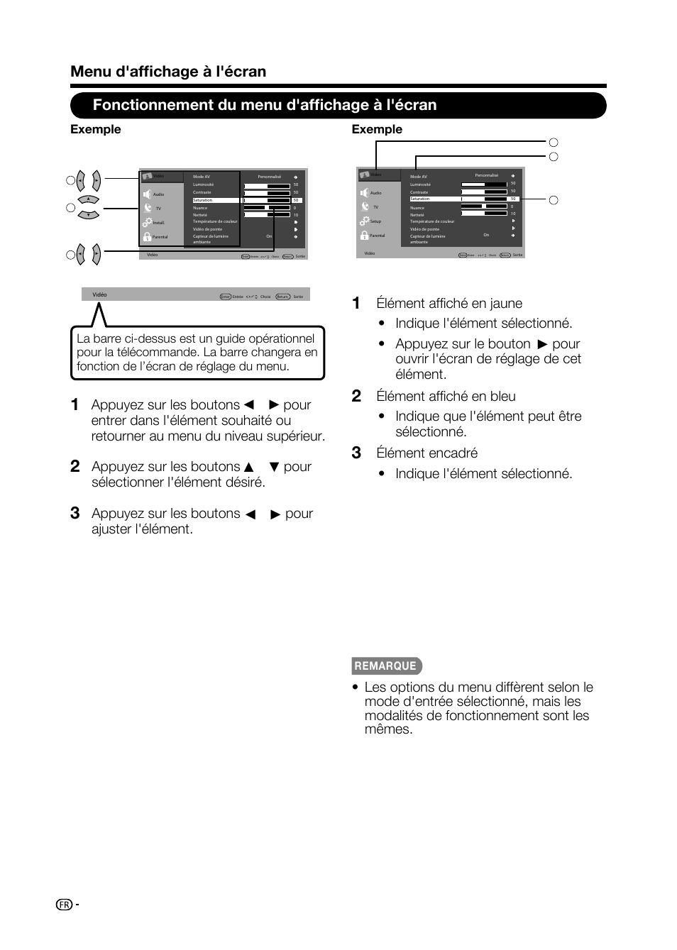 Appuyez sur les boutons pour ajuster l'élément, Exemple, Remarque | Sharp AQUOS LC-32D59U User Manual | Page 82 / 157