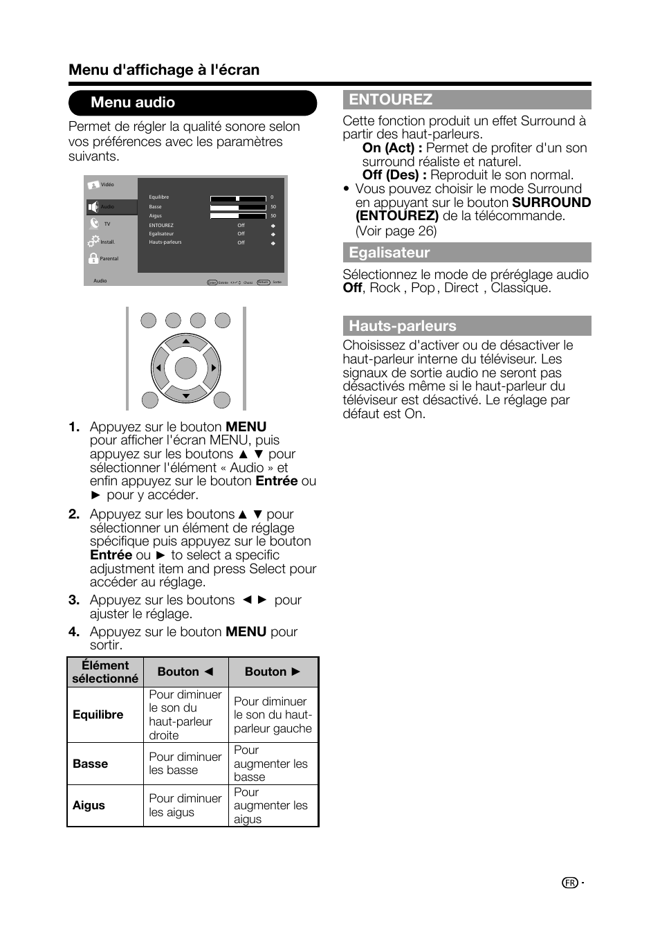Menu audio, Entourez, Egalisateur | Hauts-parleurs, Menu d'affichage à l'écran | Sharp AQUOS LC-32D59U User Manual | Page 85 / 157