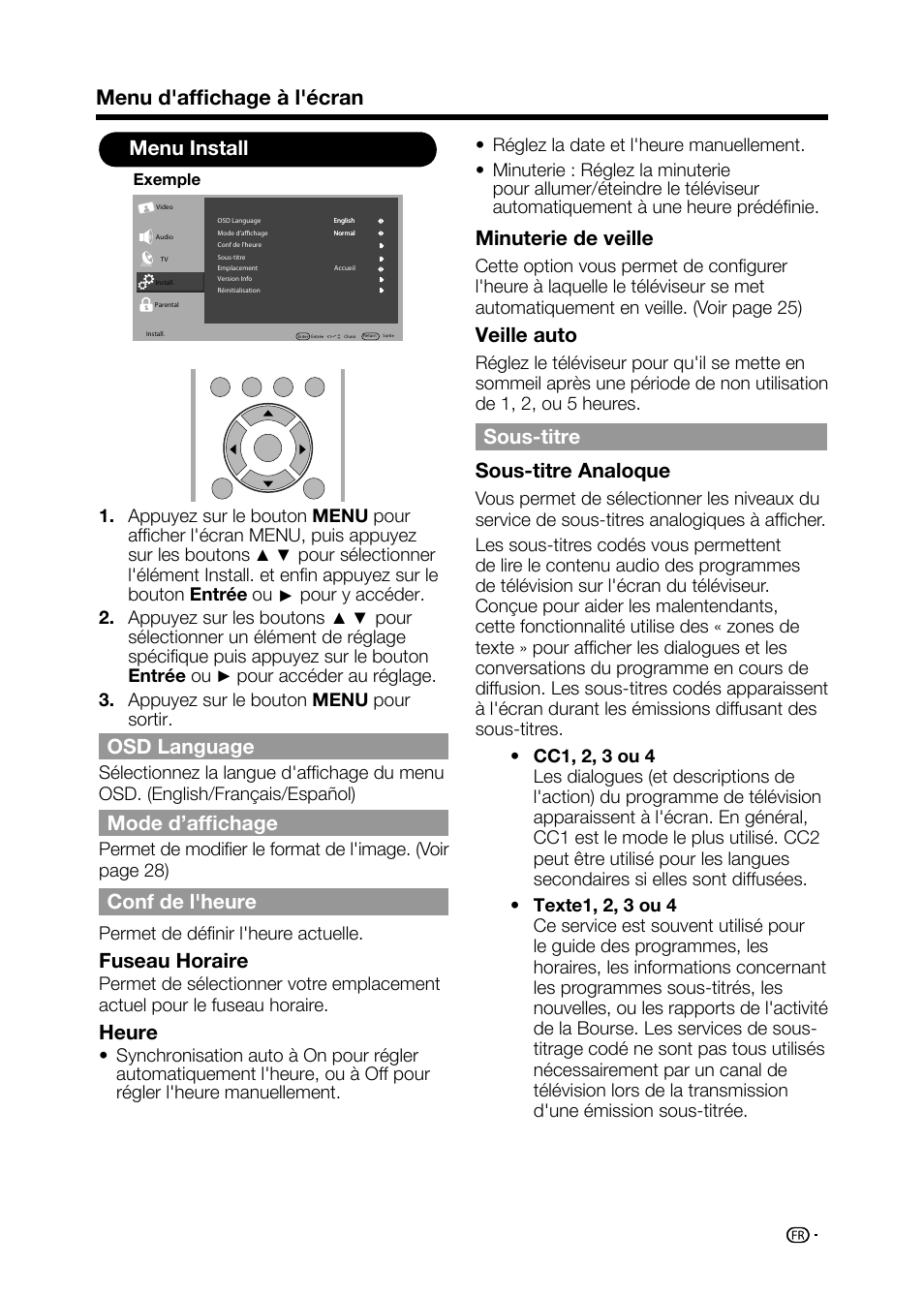 Minuterie de veille, Veille auto, Sous-titre sous-titre analoque | Menu d'affichage à l'écran menu install, Osd language, Mode d’affichage, Conf de l'heure, Fuseau horaire, Heure | Sharp AQUOS LC-32D59U User Manual | Page 87 / 157