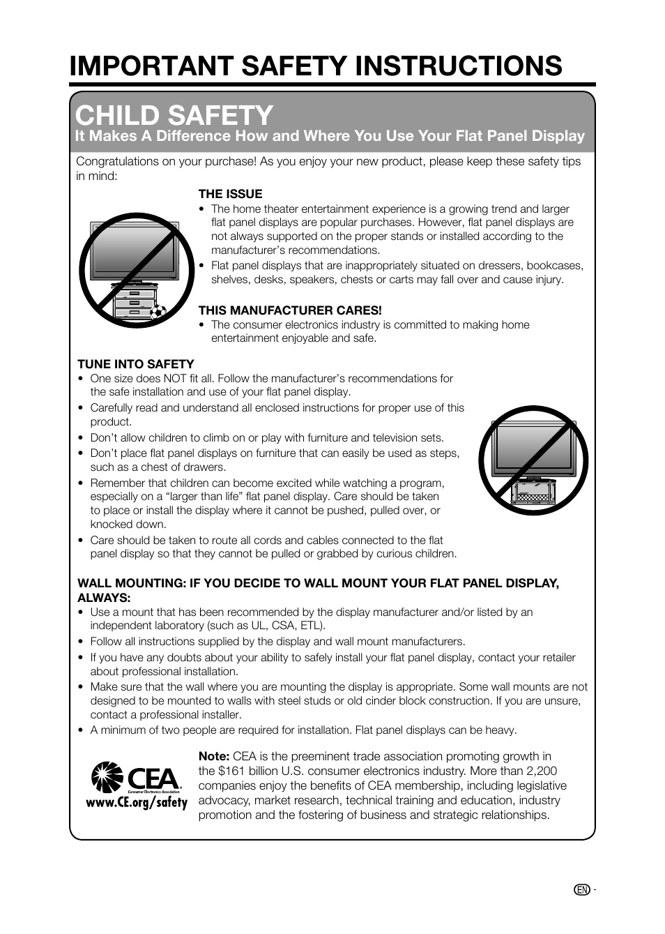 Important safety instructions child safety | Sharp AQUOS LC-32D59U User Manual | Page 9 / 157