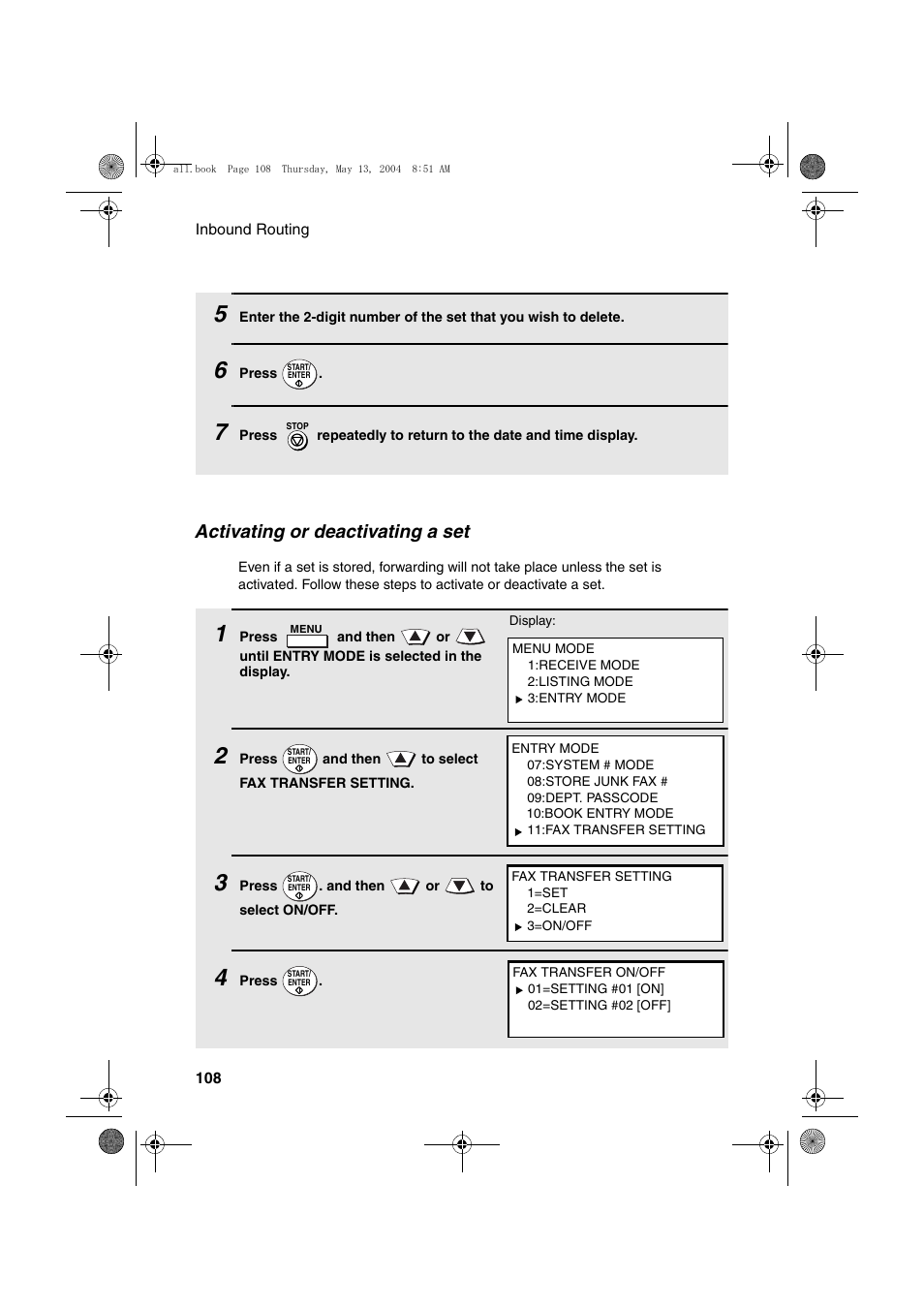 Activating or deactivating a set | Sharp FODC525 User Manual | Page 110 / 248