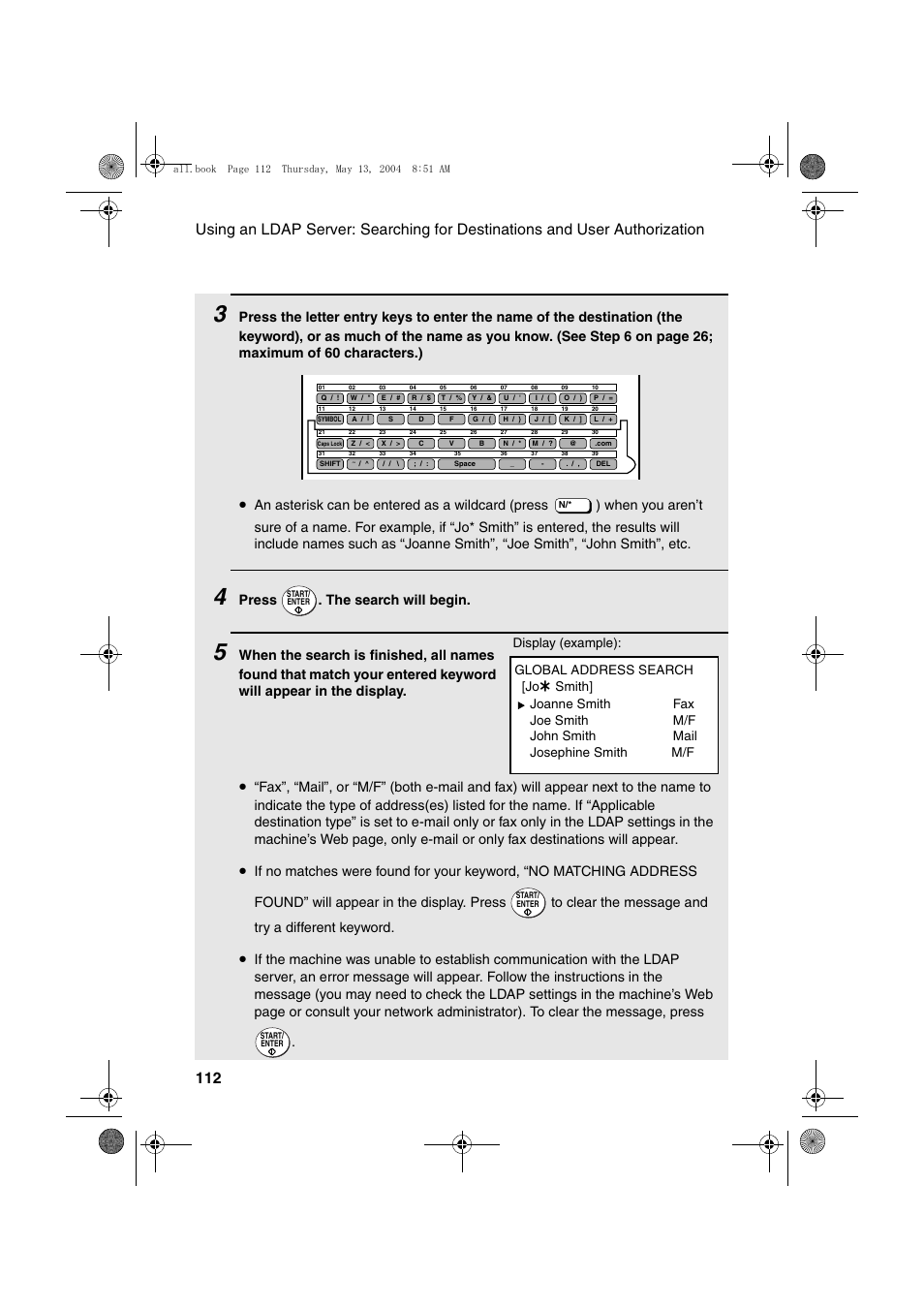 Press . the search will begin, Global address search [jo | Sharp FODC525 User Manual | Page 114 / 248