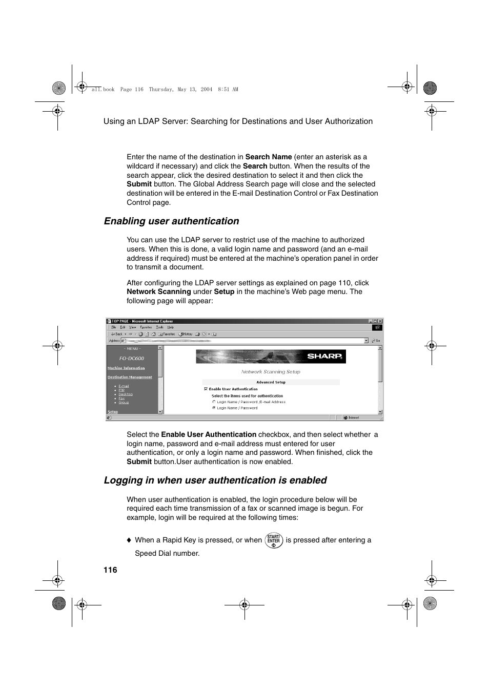 Enabling user authentication, Logging in when user authentication is enabled | Sharp FODC525 User Manual | Page 118 / 248