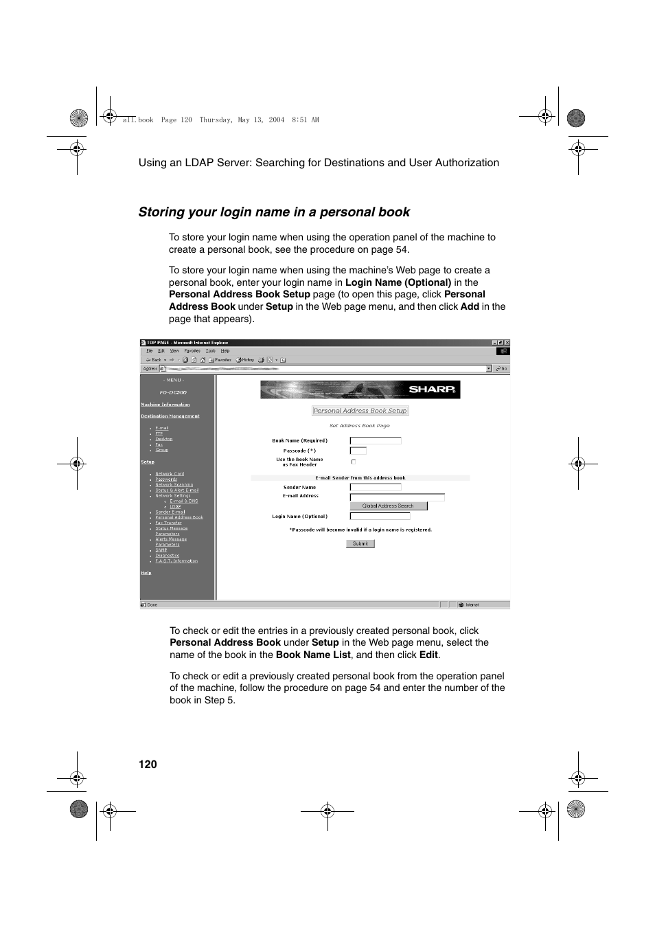 Storing your login name in a personal book | Sharp FODC525 User Manual | Page 122 / 248