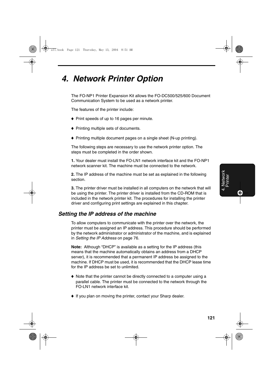Network printer option, Setting the ip address of the machine | Sharp FODC525 User Manual | Page 123 / 248