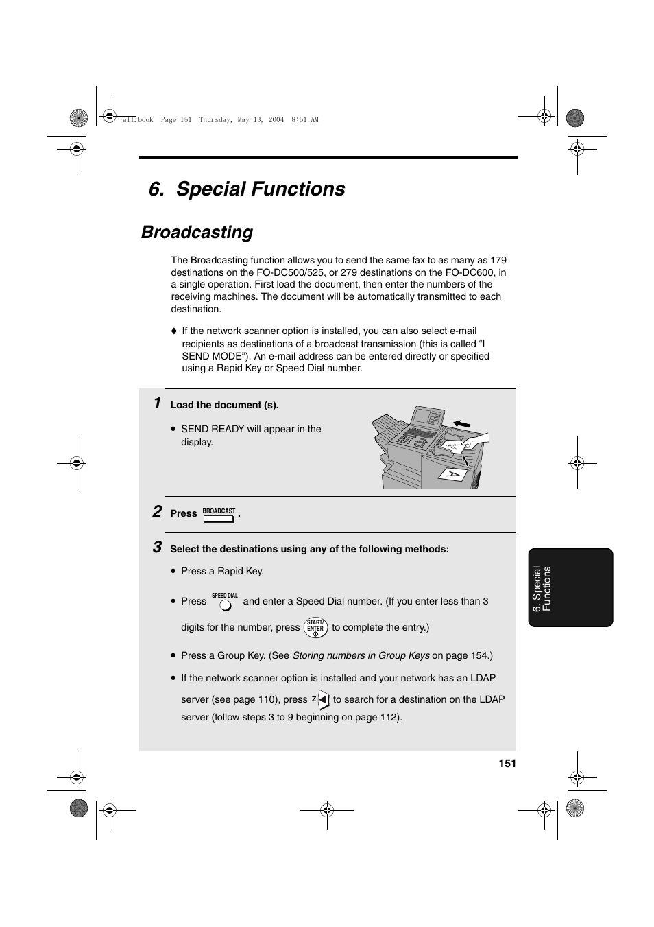 Special functions, Broadcasting | Sharp FODC525 User Manual | Page 153 / 248