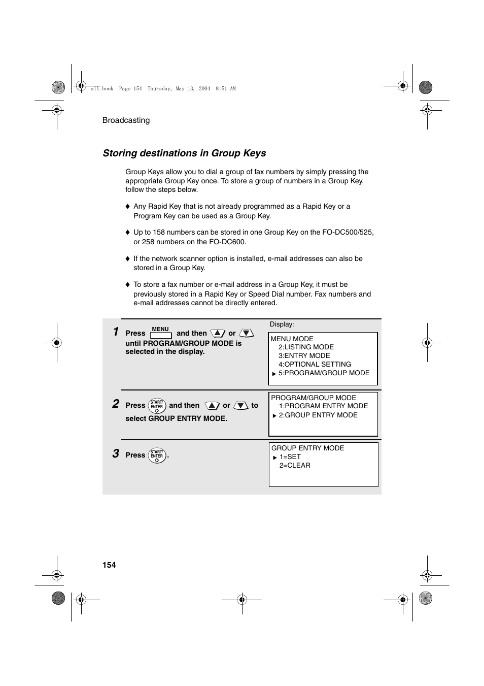 Storing destinations in group keys | Sharp FODC525 User Manual | Page 156 / 248