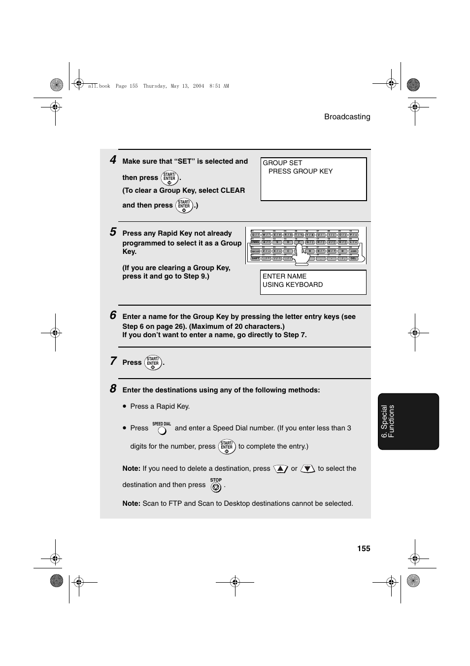 Broadcasting 155 6. special functions, Press, Press a rapid key | Enter name using keyboard, Group set press group key | Sharp FODC525 User Manual | Page 157 / 248