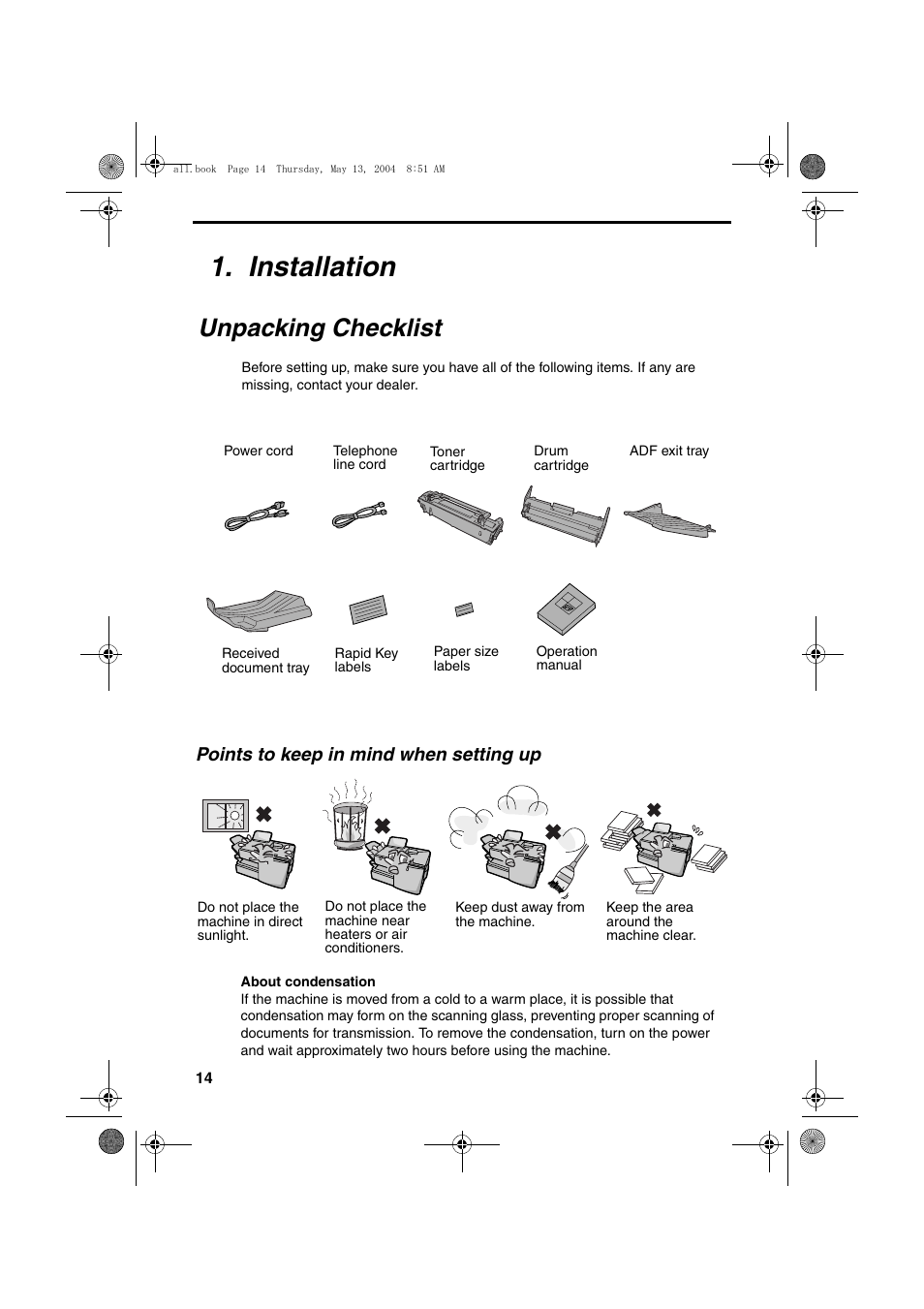 Installation, Unpacking checklist, Points to keep in mind when setting up | Sharp FODC525 User Manual | Page 16 / 248