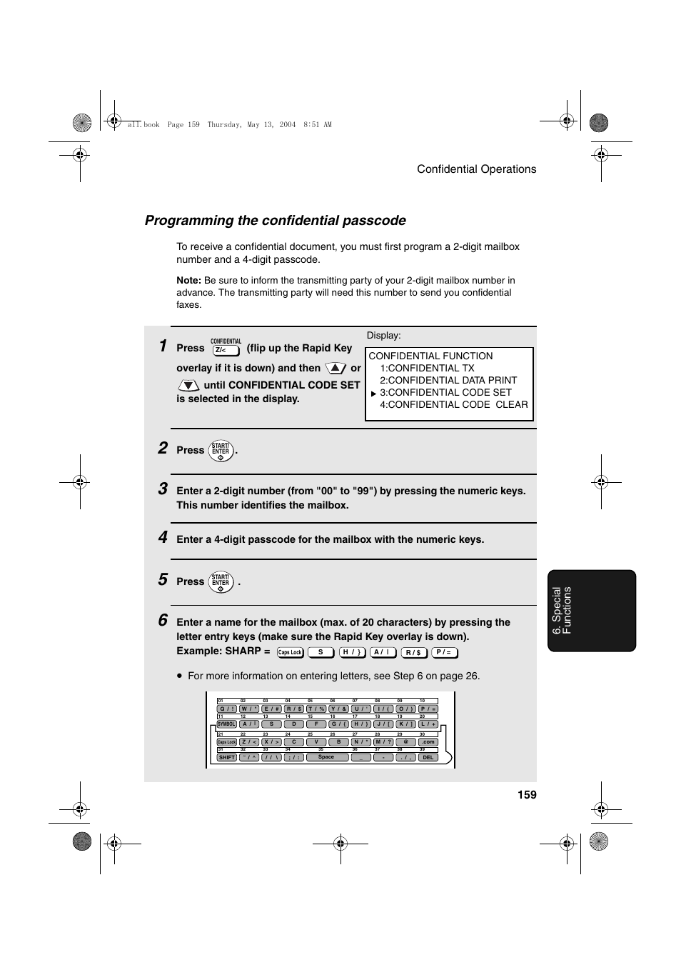 Programming the confidential passcode, Confidential operations 159 6. special functions, Press | Sharp FODC525 User Manual | Page 161 / 248