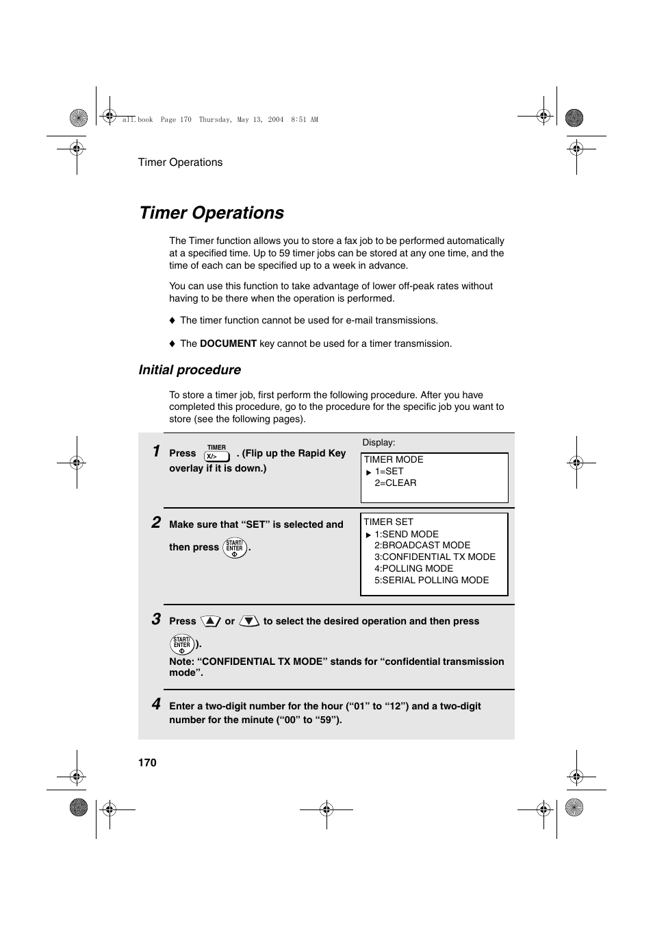 Timer operations, Initial procedure | Sharp FODC525 User Manual | Page 172 / 248