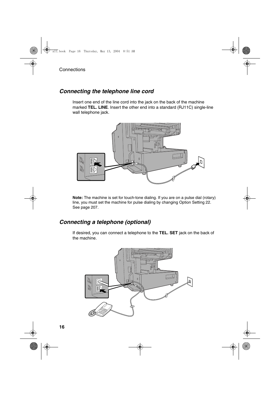 Connecting the telephone line cord, Connecting a telephone (optional) | Sharp FODC525 User Manual | Page 18 / 248