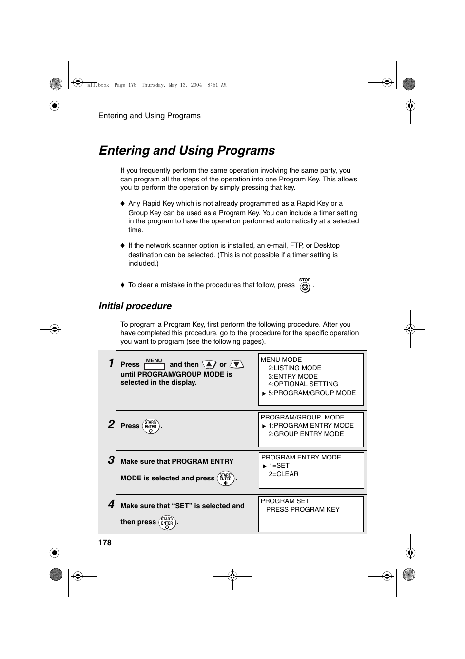Entering and using programs, Initial procedure | Sharp FODC525 User Manual | Page 180 / 248