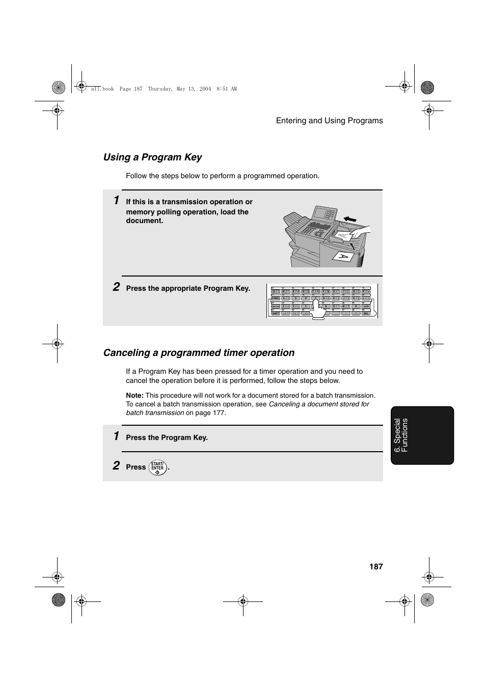 Using a program key, Canceling a programmed timer operation, Press the appropriate program key | Press the program key, Press | Sharp FODC525 User Manual | Page 189 / 248