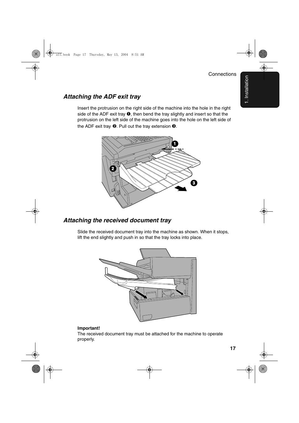 Attaching the adf exit tray, Attaching the received document tray | Sharp FODC525 User Manual | Page 19 / 248