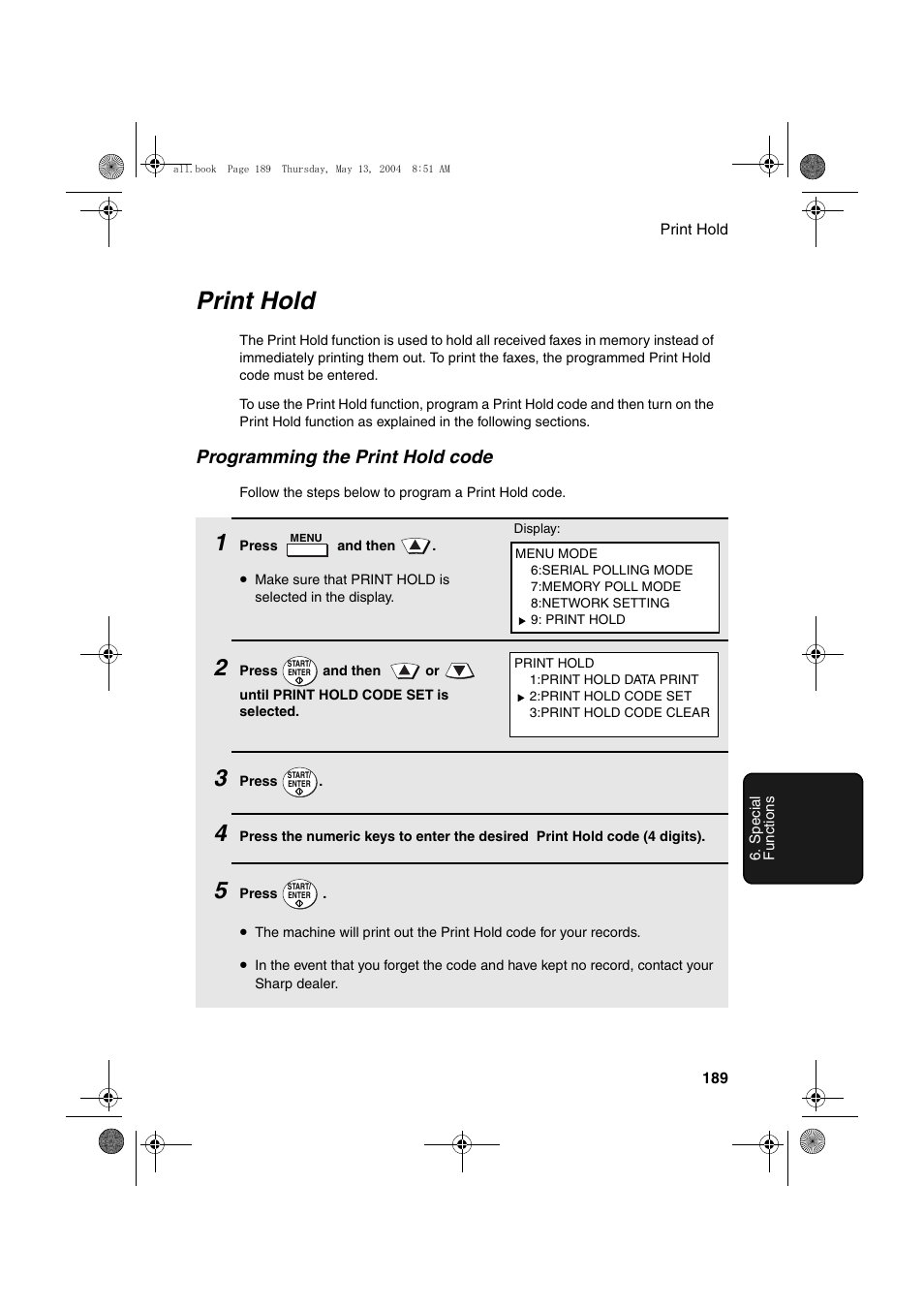 Print hold, Programming the print hold code | Sharp FODC525 User Manual | Page 191 / 248