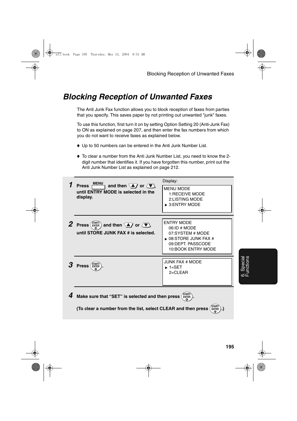 Blocking reception of unwanted faxes | Sharp FODC525 User Manual | Page 197 / 248