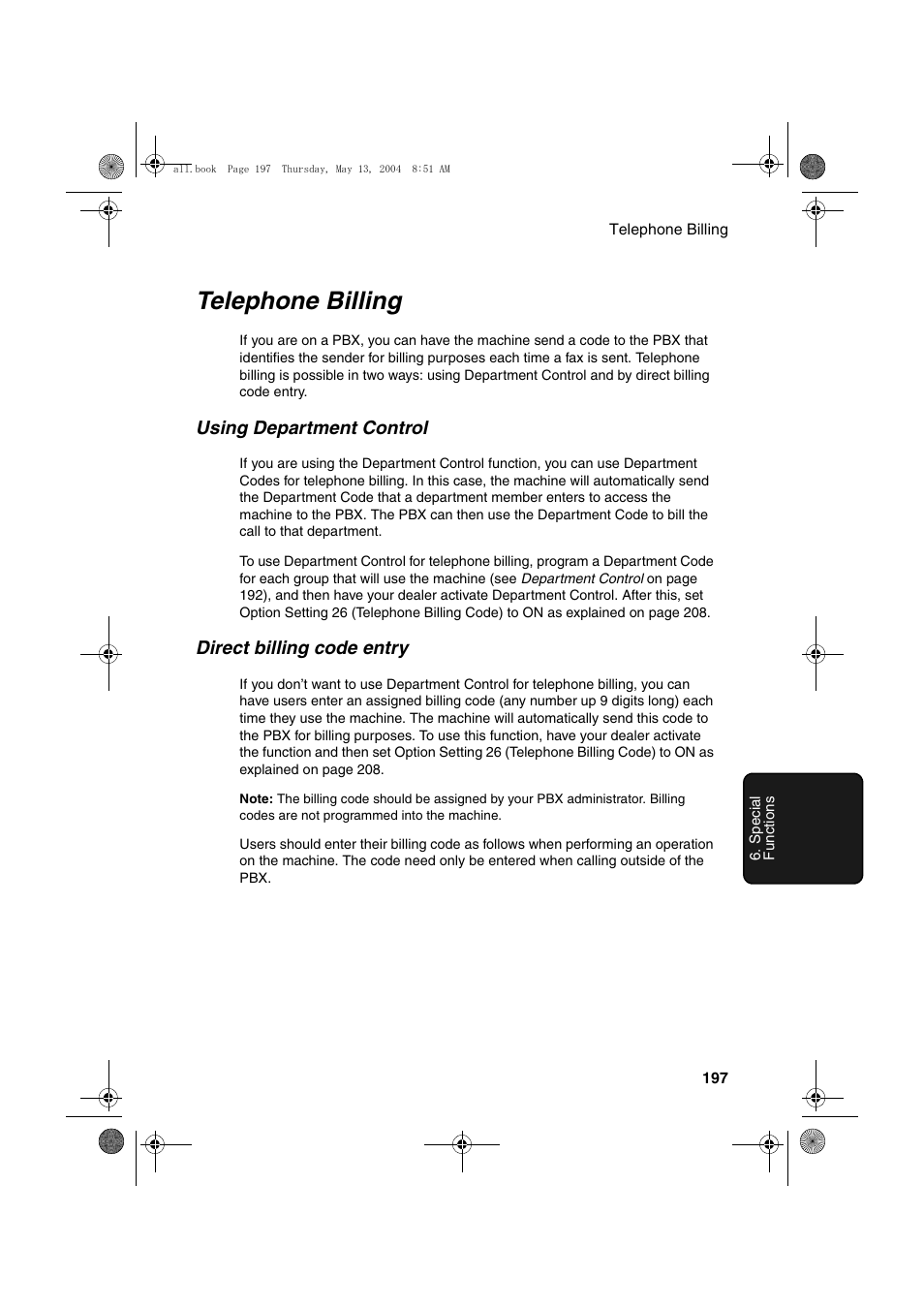 Telephone billing, Using department control, Direct billing code entry | Sharp FODC525 User Manual | Page 199 / 248