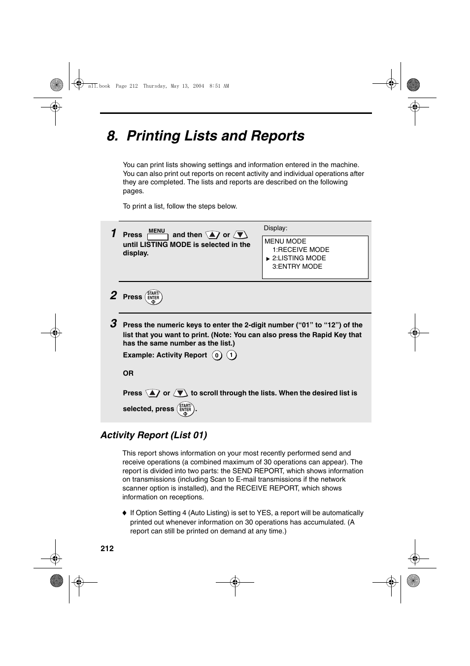 Printing lists and reports, Activity report (list 01) | Sharp FODC525 User Manual | Page 214 / 248