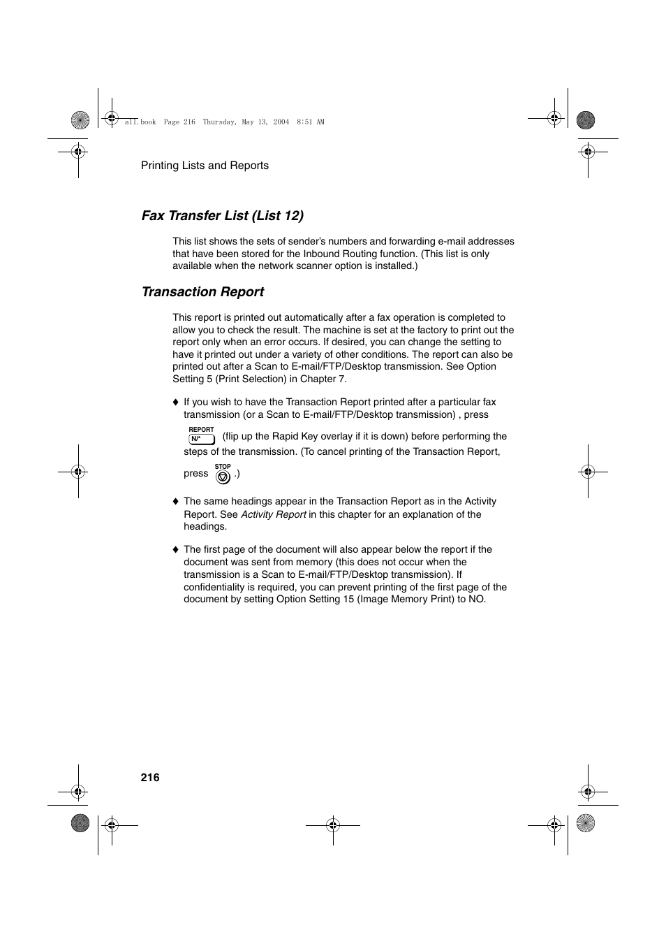 Fax transfer list (list 12), Transaction report | Sharp FODC525 User Manual | Page 218 / 248