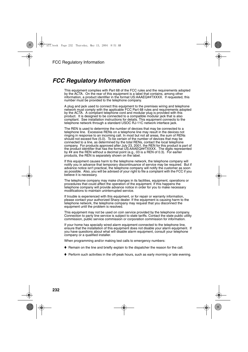 Fcc regulatory information | Sharp FODC525 User Manual | Page 234 / 248