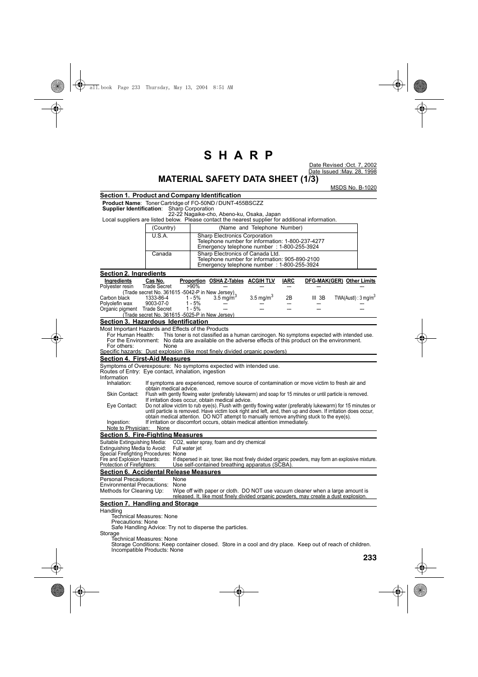Material safety data sheet (1/3) | Sharp FODC525 User Manual | Page 235 / 248
