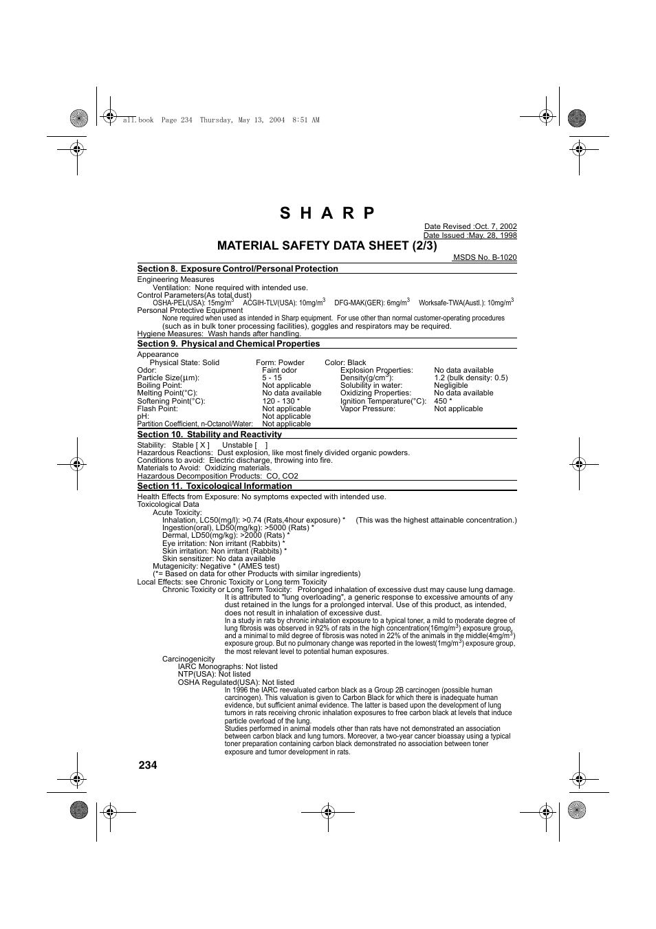 Material safety data sheet (2/3) | Sharp FODC525 User Manual | Page 236 / 248